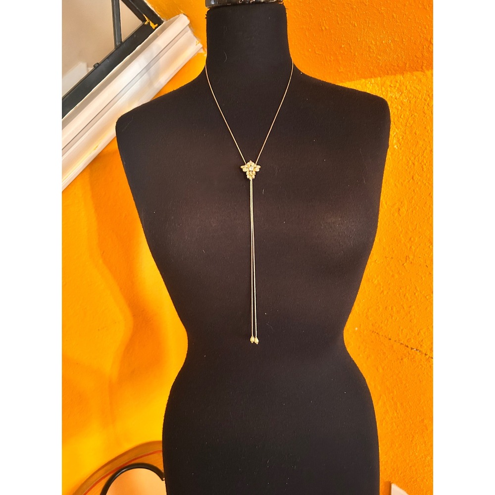 Unbranded Bolo Lariat Necklace OS Gold Tone Rhinestone Floral Slide